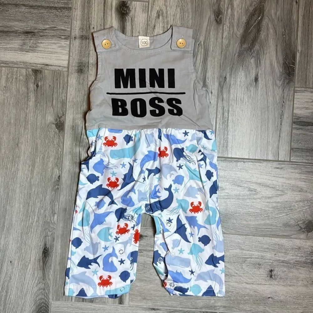 Boys Jumpsuit Mini Boss with Grey Top and Ocean Animals Bottom 2T